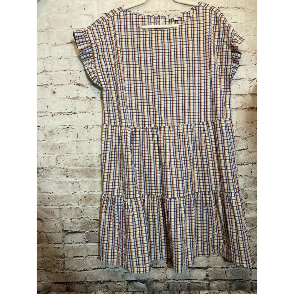 LOFT Dress XL Extra Large Rainbow Plaid‎ Tiered Flutter Sleeve Babydoll